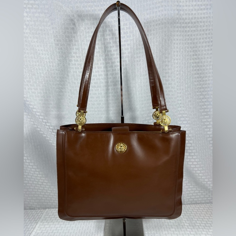 Vintage Gianni Versace Brown Leather Medusa Shoulder Tote Bag